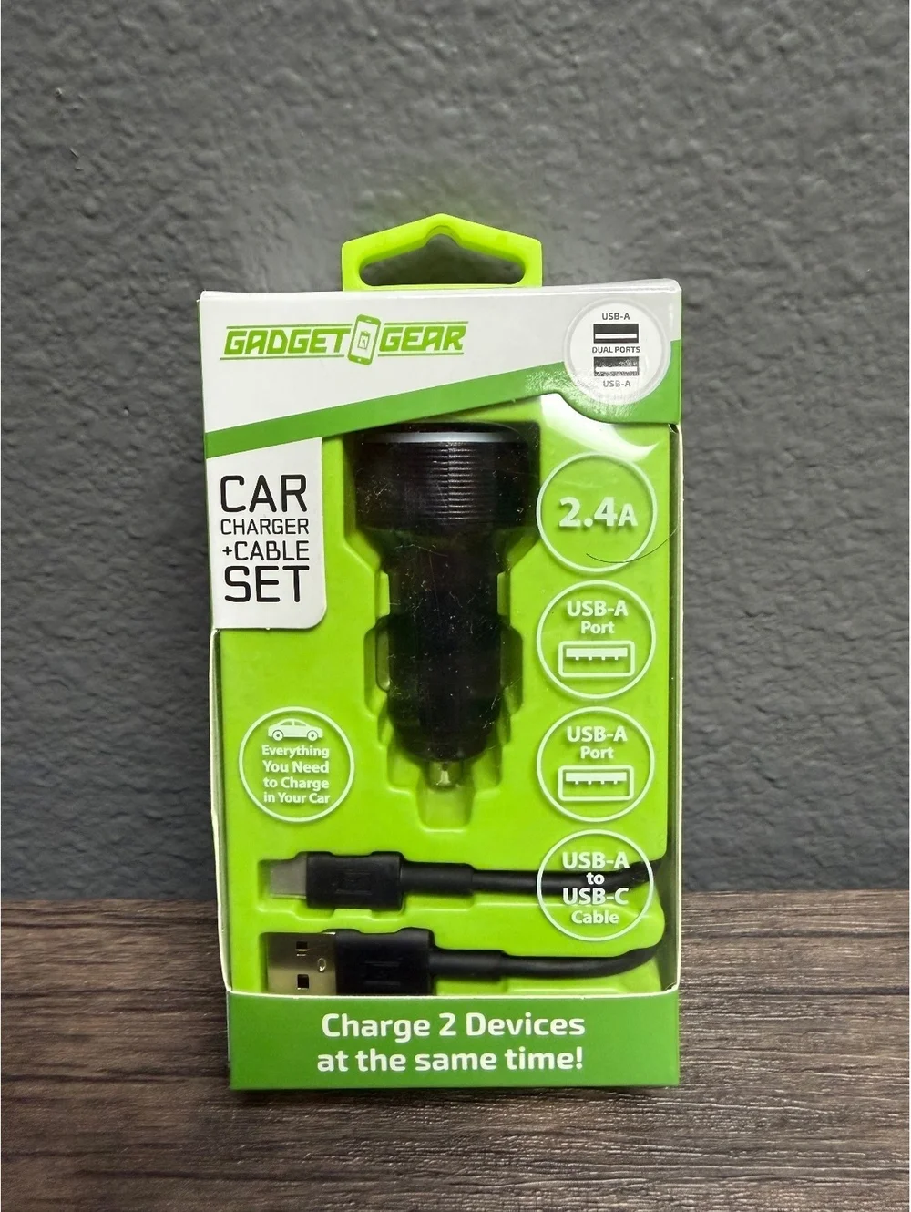 2.4A Car Charger Adapter Dual USB Ports with USB-A to USB-C Cable Set Fast Black